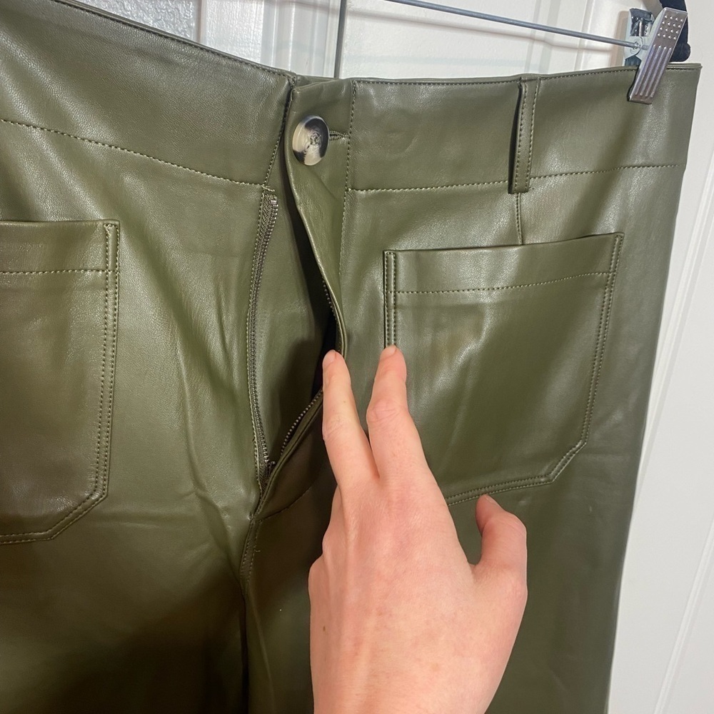 Anthropologie Maeve Colette Cropped Wide Leg Faux Leather Pants olive color - Picture 10 of 11